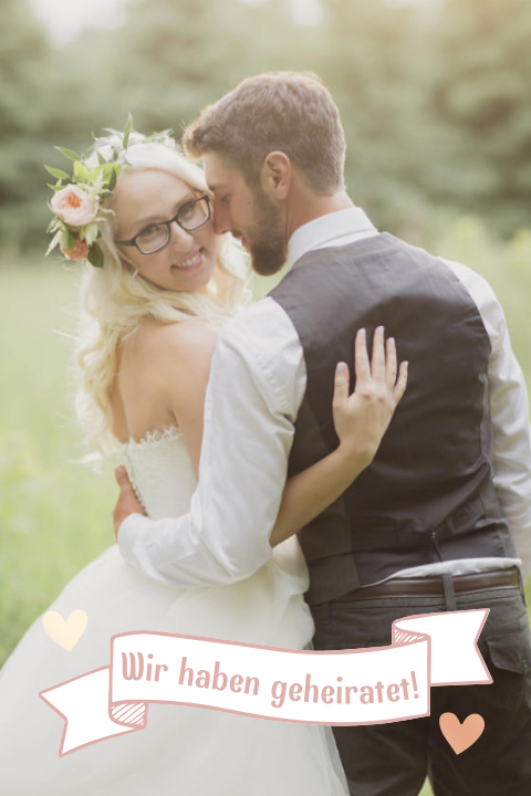 Wir haben geheiratet Fotokarte mit Banner, Herzen und Roségoldfolie