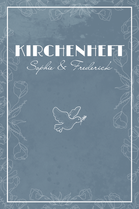 Blaues Kirchenheft mit Line Art Rahmen und weißer Taube