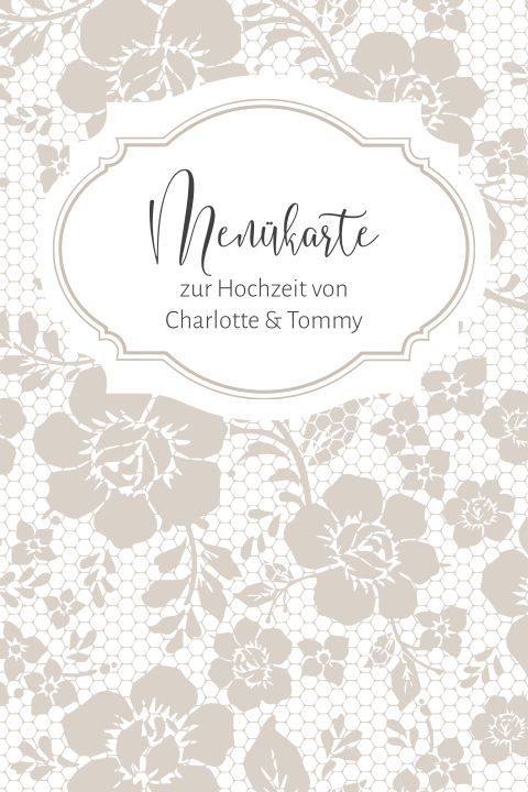 Vintage Menükarte zur Hochzeit mit Spitze in beige und Rahmen