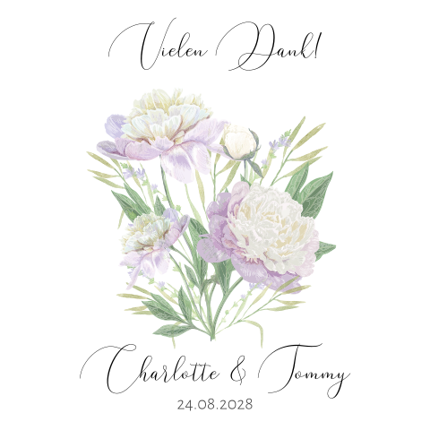 Quadratische Danksagung zur Hochzeit mit lila weißen Chrysanthemen