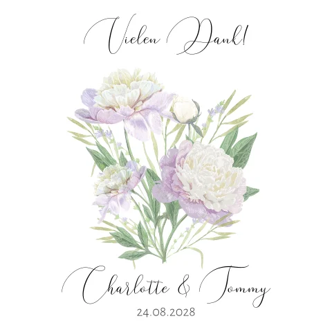 Quadratische Danksagung zur Hochzeit mit lila weißen Chrysanthemen