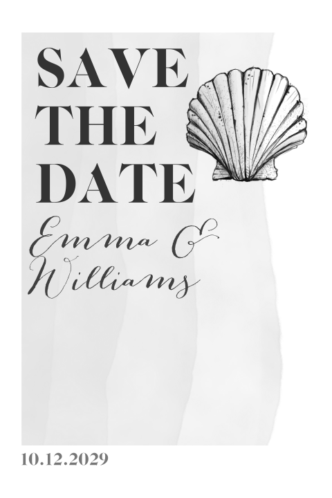 Schlichte Save the Date Karte mit Strand und Muschel in grau