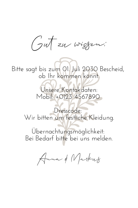 Schlichtes Einlegeblatt zur Hochzeitseinladung mit Blume in beige