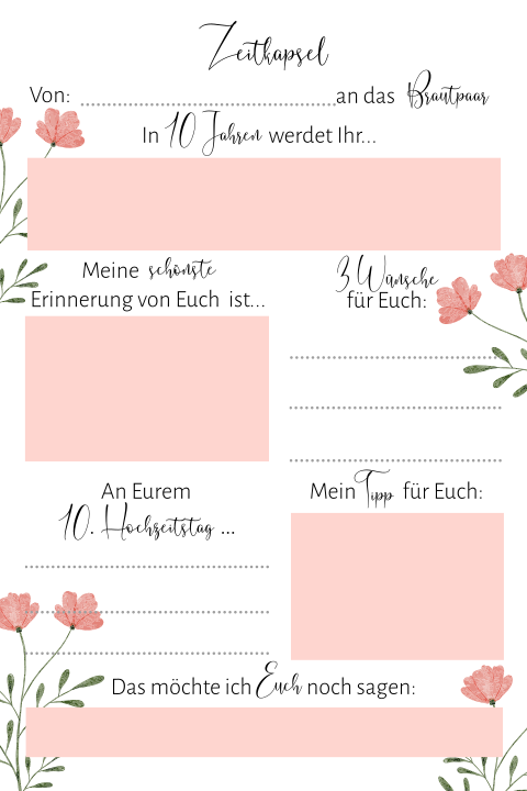 Zeitkapsel als Unterhaltung auf der Hochzeit mit rosa Blumen