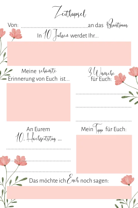 Zeitkapsel als Unterhaltung auf der Hochzeit mit rosa Blumen