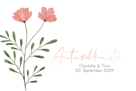 Weiße Antwortkarte zur Hochzeit mit Roségold Folie und roter Blume