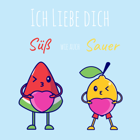 Witzige Hochzeitskarte in blau mit Zitrone und Wassermelone
