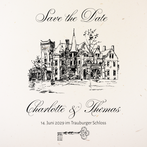 Save the Date Karte aus Recyclingpapier mit Schloss und Schlüssel