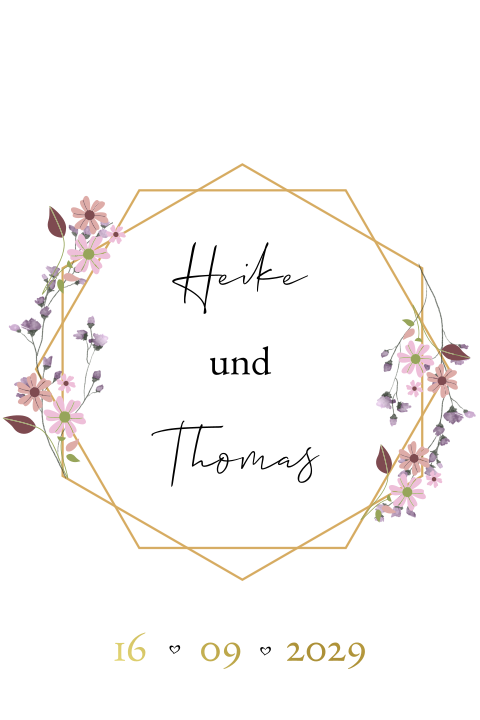 Moderne Save the Date Karte mit lila Blüten und filigranen Goldrahmen