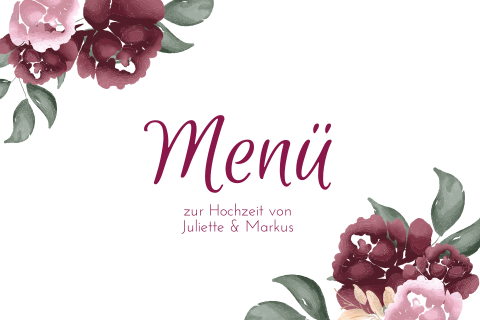Weiße Menükarte als Klappkarte mit roten und rosa Blumen