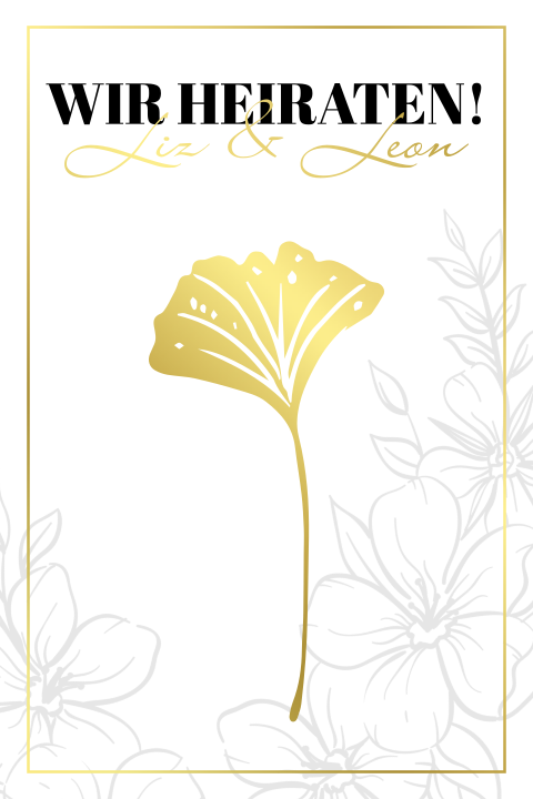 Weiße Hochzeitskarte mit goldenem Blatt, Line Art Blumen und Rahmen
