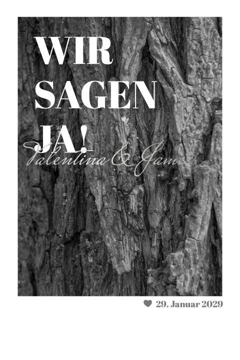 Einladungskarte in Schwarz-Weiß mit Baumrinde und Silber Veredelung