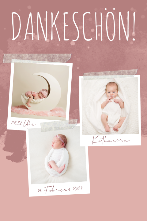 Babydankeskarte mit Sofortbilderrahmen für drei Babyfotos in Rosa