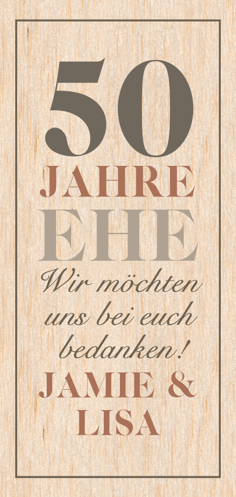 Dankeskarte zur Goldhochzeit aus Holz mit Typografie und Rahmen