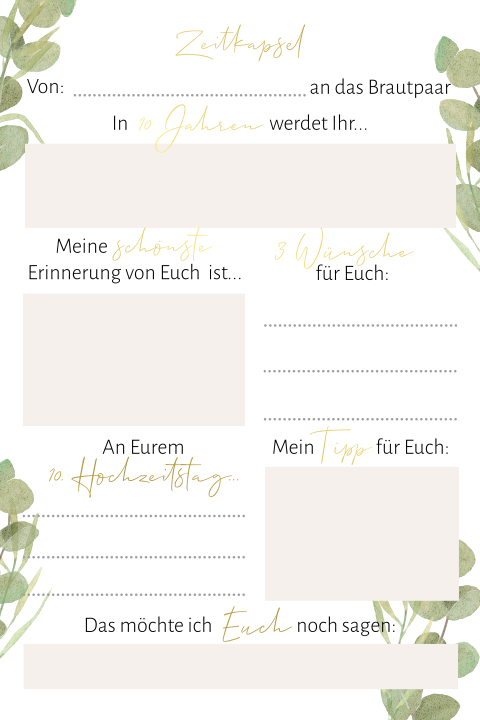 Zeitkapsel als Gästeunterhaltung auf der Hochzeit mit Eukalyptus