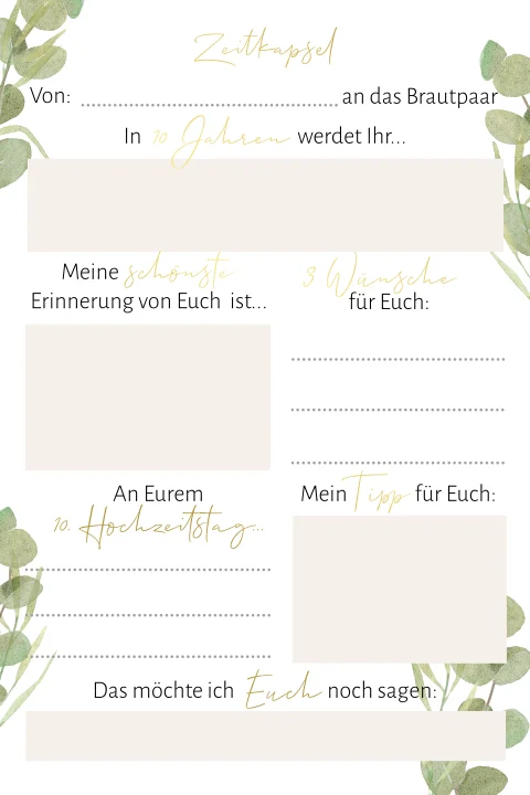 Zeitkapsel als Gästeunterhaltung auf der Hochzeit mit Eukalyptus