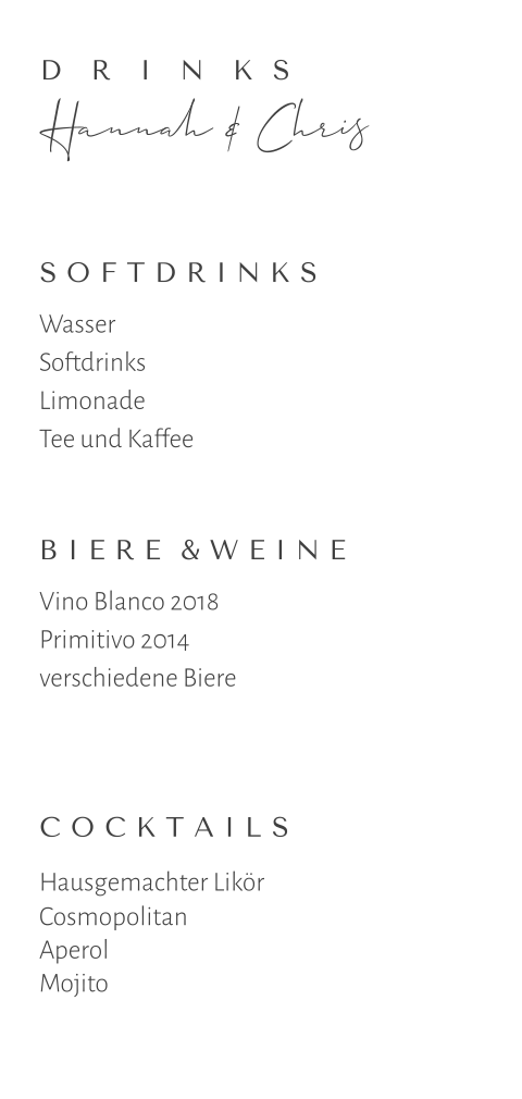 Minimalistische Getränkekarte für das Hochzeitsfest mit zarter Schrift