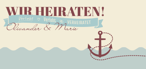 Maritime Hochzeitskarte mit Anker, Banner und Strand in Blau
