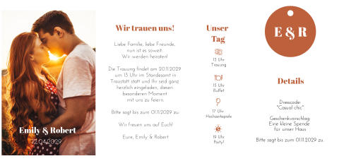 Pocketfold für Hochzeitskarten Set mit Foto und Details in orange