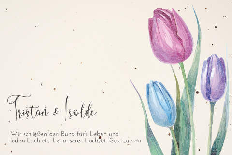 Hochzeitseinladung aus recyceltem Tulpenpapier mit bunten Tulpen