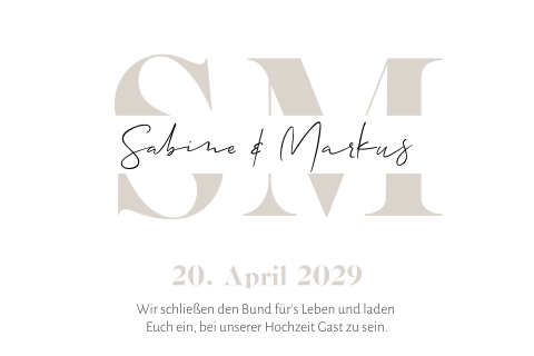 Helle moderne Einladungskarte zur Hochzeit mit Initialen in beige