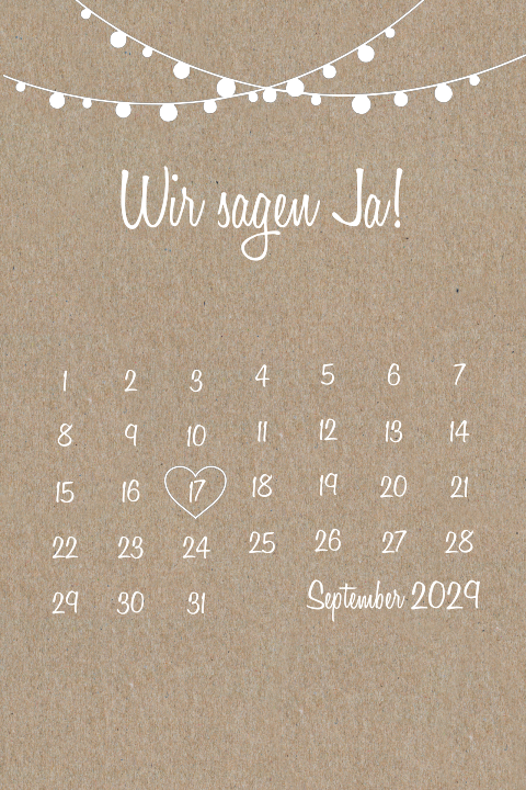 Hochzeitskarte aus Kraftpapier mit Kalender und weißer Girlande
