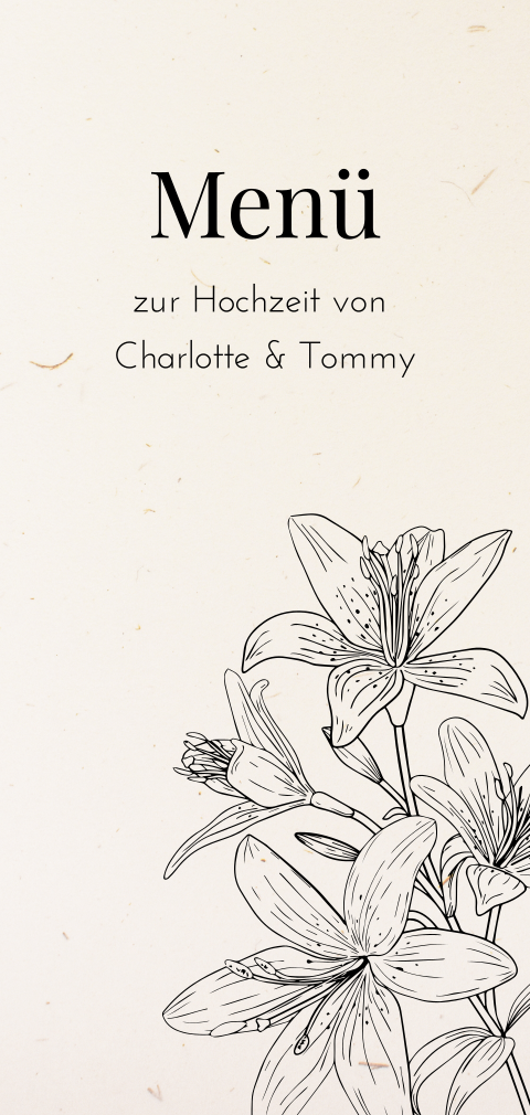 Minimalistische Recyclingpapier Menükarte zur Hochzeit mit Lilie