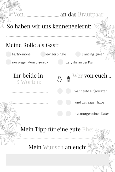 Gästebuchkarte zur Hochzeit mit Line Art Lilien in grau + Silberfolie