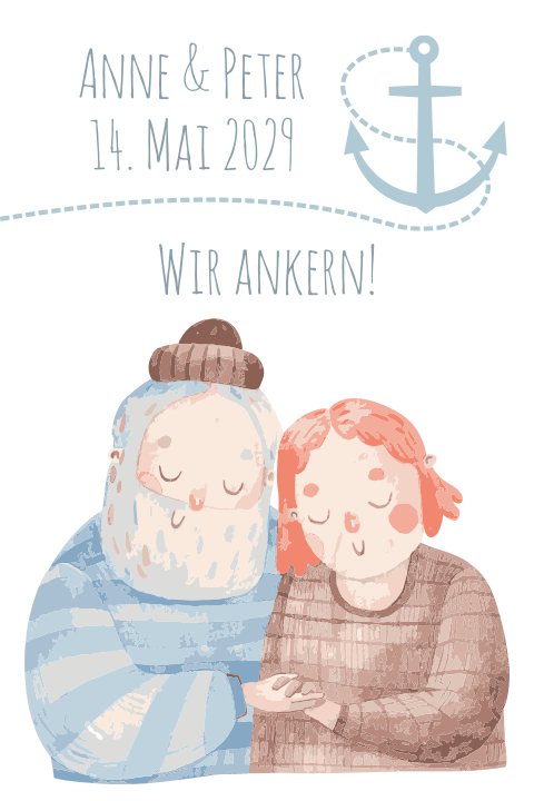 Maritime Einladung zur Hochzeit mit Paar Illustration und blauem Anker