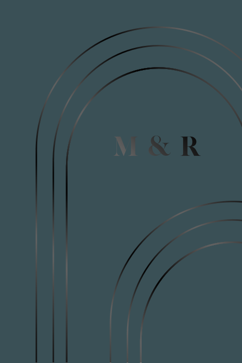 Moderne Hochzeitskarte mit schwarz folierten Bögen auf Blau