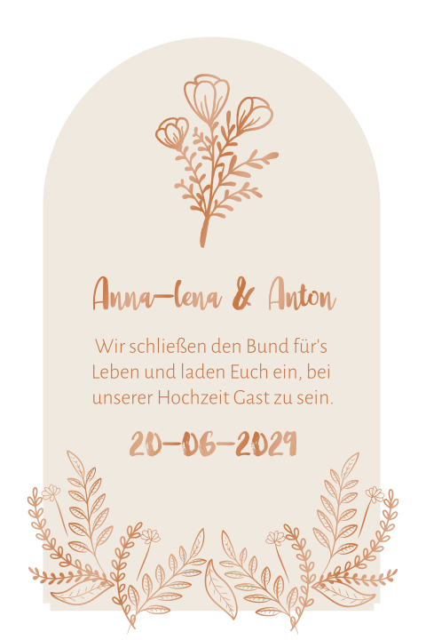 Florale Hochzeitseinladung in Bogenform in Kupfer und Beige