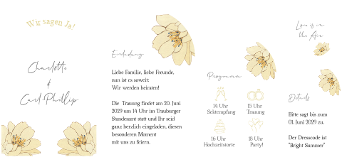 Pocketfold für ein Hochzeitskarten Set in Bogenform mit gelben Blumen