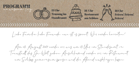 Einseitige verspielte Hochzeitseinladung aus Kraftpapier mit Symbolen