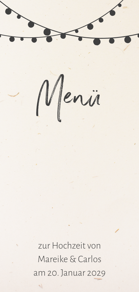 Schlichte Menükarte zur Hochzeit aus Recyclingpapier mit Lichterkette