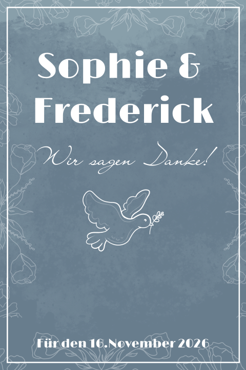 Aquarellblaue Dankeskarte mit Tauben und Blumenrahmen