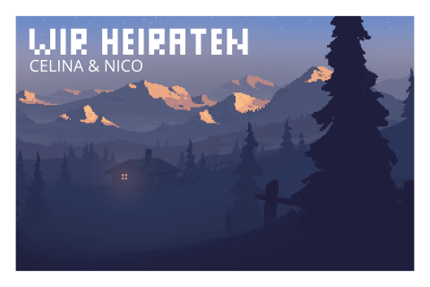 Nerdige Hochzeitskarte im Pixel Look mit Sonnenuntergang und Bergen