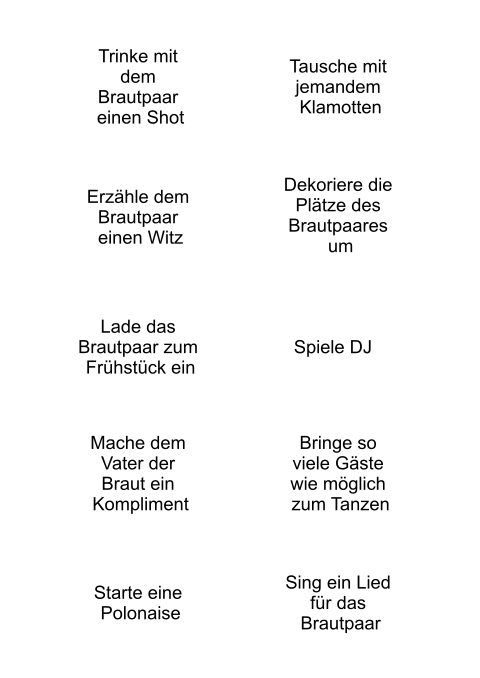 Spassaufgaben für die Hochzeit zur Selbstgestaltung blanko