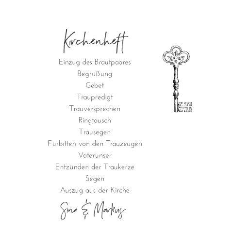 Zweiteiliges weißes Kirchenheft zur Hochzeit mit Schlüssel in schwarz