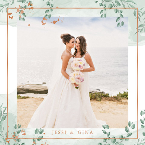 Greenery Dankeskarte zur Hochzeit mit Kupferelementen in Hochglanz und Aquarell in grün