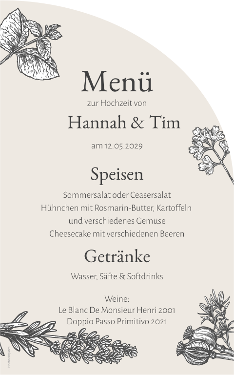 Menüschild zur Hochzeit in Bogenform in beige mit Kräutern grau weiß