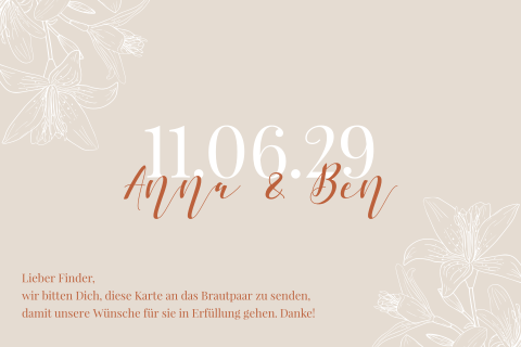 Luftballonkarte für die Hochzeit in beige + orange mit Line Art Lilien