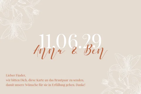 Luftballonkarte für die Hochzeit in beige + orange mit Line Art Lilien