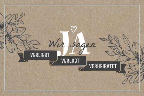 Florale Einladungskarte zur Hochzeit aus Kraftpapier mit Rahmen