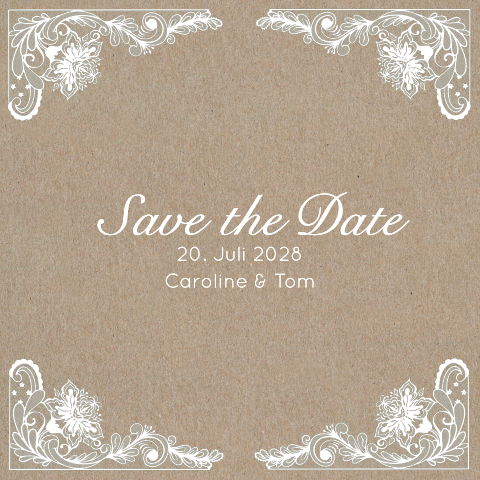 Quadratische Save the Date Kraftpapier Karte mit weißer Spitze