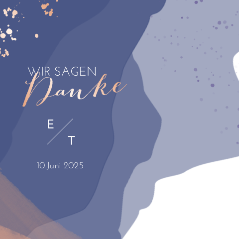 Quadratische Dankeskarte mit blauen Aquarellelementen und roségoldener Folierung