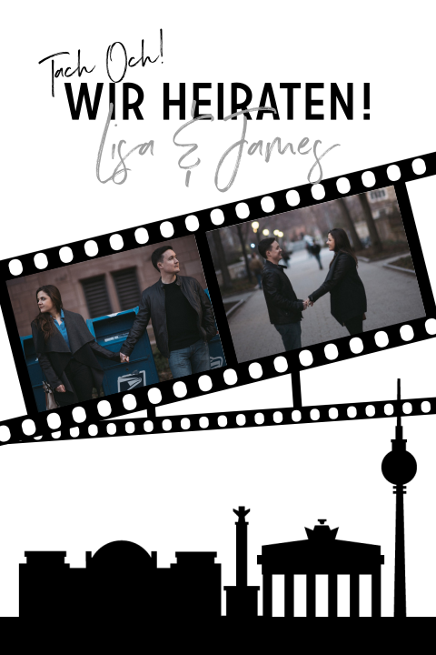 Hochzeitseinladung mit Berlin Skyline im Schwarz Weiß Film Stil