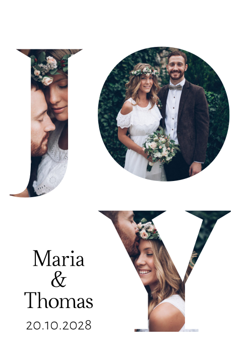 Schlichte Dankeskarte zur Hochzeit mit Foto-Buchstabenrahmen Joy