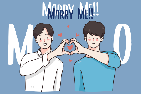 Einladungskarte zur Hochzeit in blau mit gleichgeschlechtlichem Paar