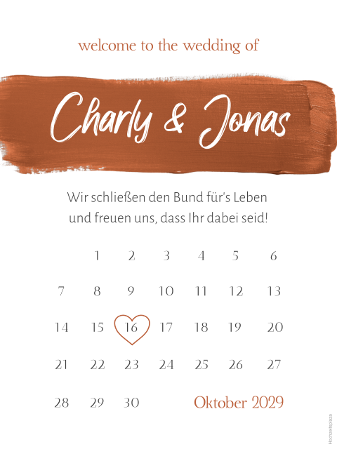 Modernes Willkommmensschild zur Hochzeit mit Pinselstrich und Kalender