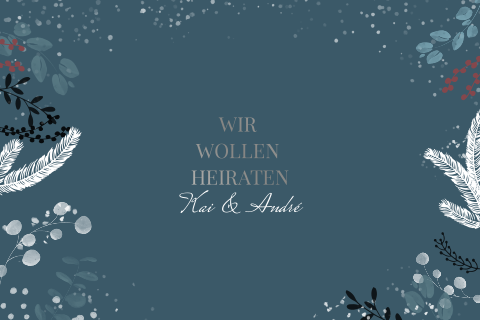 Winterliche Einladung zur Hochzeit in blau mit Silberfolie und Zweigen